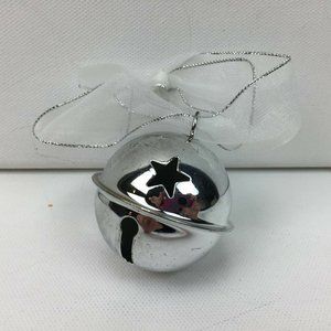 Metal Silver Bell Star Cutout Christmas Ornament White Ribbon